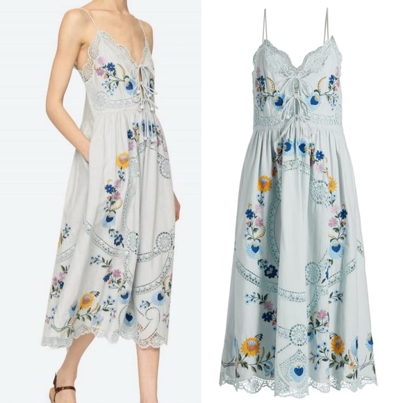 Sea NY Celia Embroidered Slip Dress Floral Cotton Linen Midi Size Large - Picture 9 of 16